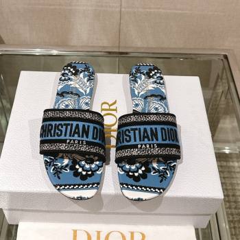 Dior Dway Flat Slide Sandals in Denim Blue Multicolor Embroidered Cotton with Butterfly Bandana Motif 2024 0126 (MD-240126012)