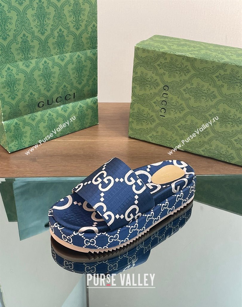 Gucci Platform Slide Sandals 5cm in GG Ripstop Fabric Blue 2024 (SS-240127073)