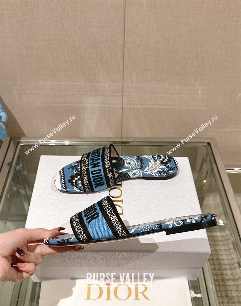 Dior Dway Flat Slide Sandals in Denim Blue Multicolor Embroidered Cotton with Butterfly Bandana Motif 2024 0126 (MD-240126012)