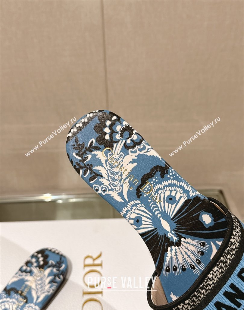 Dior Dway Flat Slide Sandals in Denim Blue Multicolor Embroidered Cotton with Butterfly Bandana Motif 2024 0126 (MD-240126012)