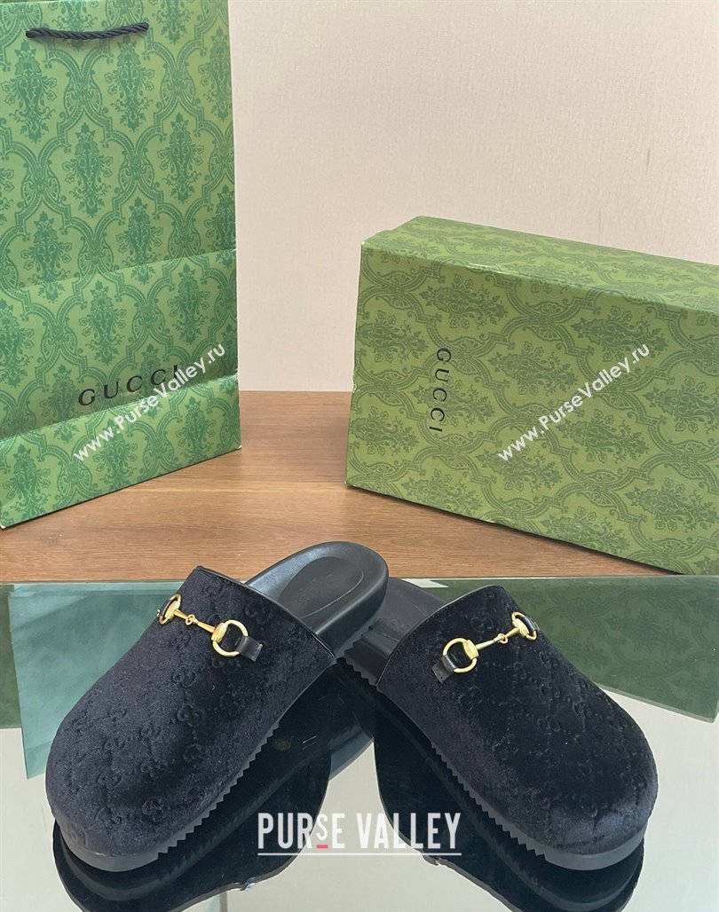 Gucci GG Velvet Mules with Horsebit Black 2024 0127 (SS-240127077)