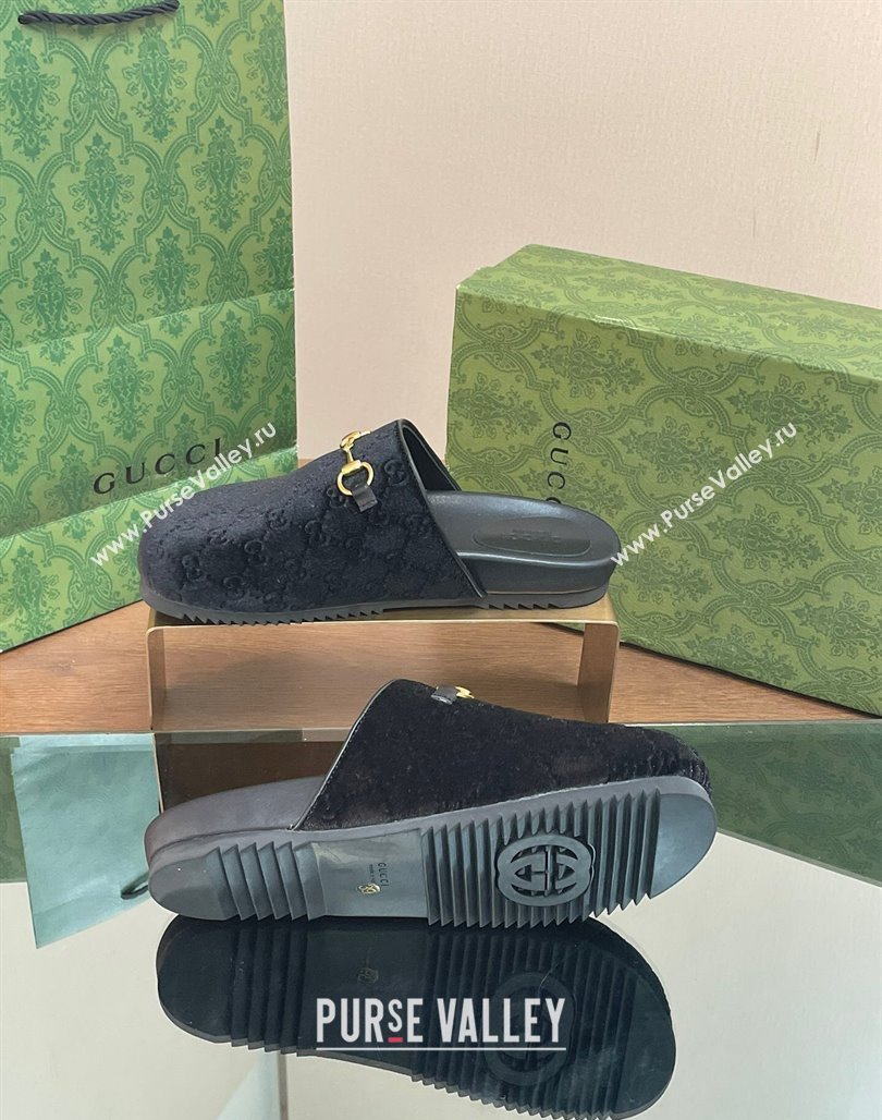 Gucci GG Velvet Mules with Horsebit Black 2024 0127 (SS-240127077)