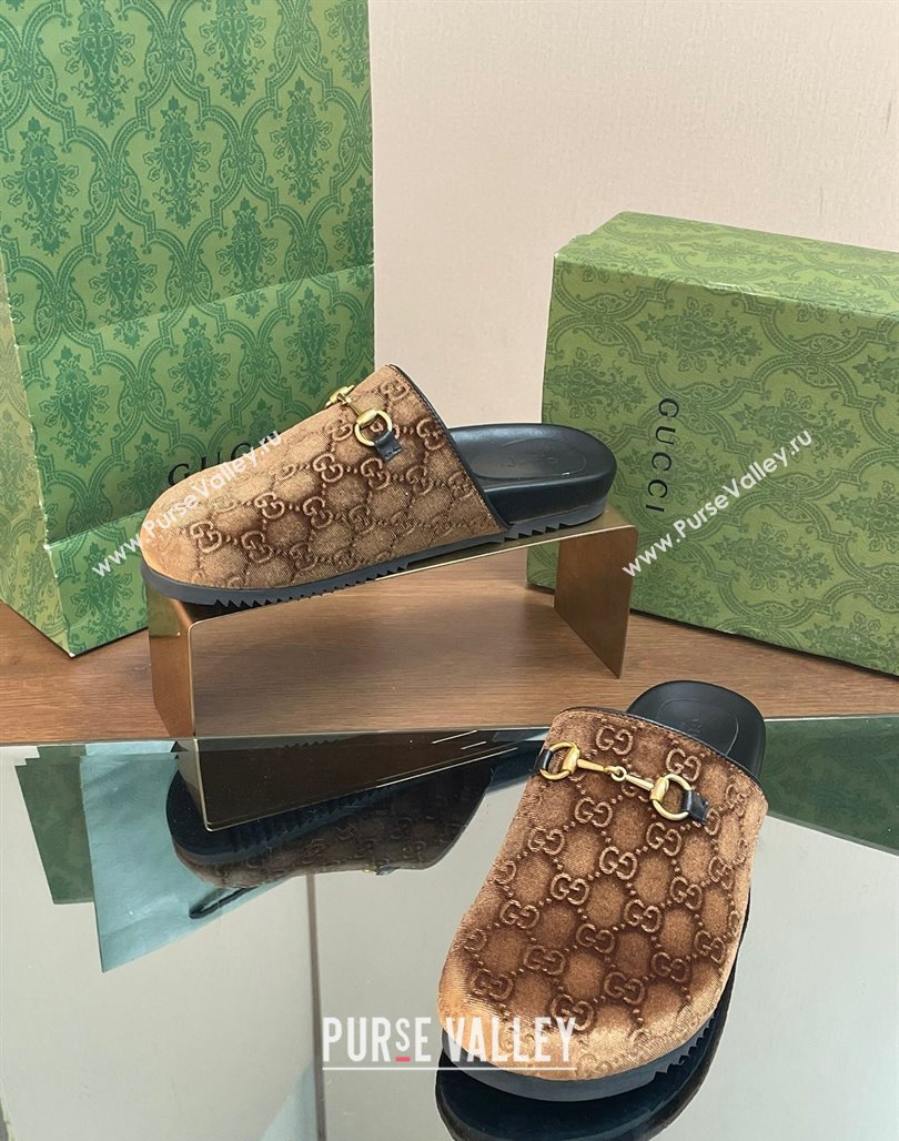 Gucci GG Velvet Mules with Horsebit Brown 2024 0127 (SS-240127079)