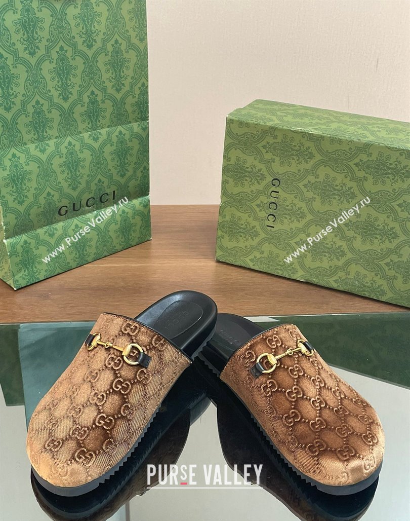 Gucci GG Velvet Mules with Horsebit Brown 2024 0127 (SS-240127079)