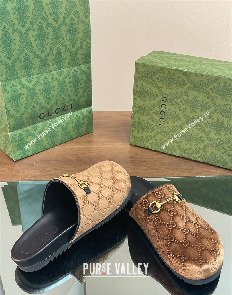 Gucci GG Velvet Mules with Horsebit Brown 2024 0127 (SS-240127079)