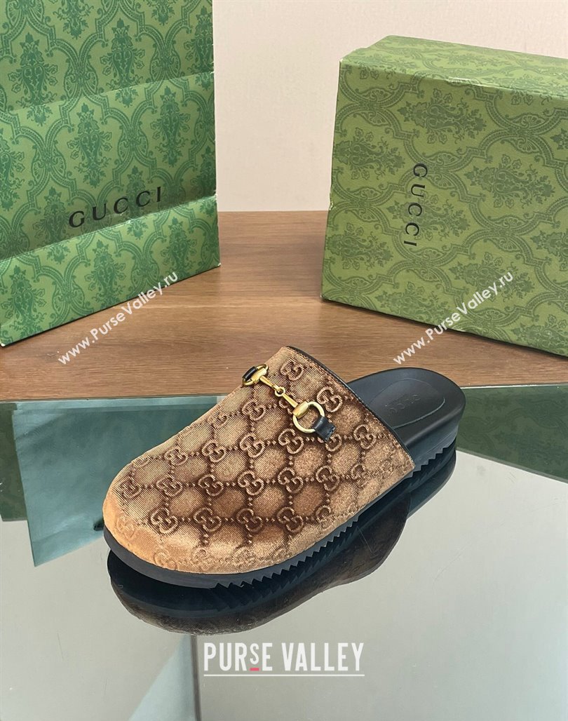 Gucci GG Velvet Mules with Horsebit Brown 2024 0127 (SS-240127079)