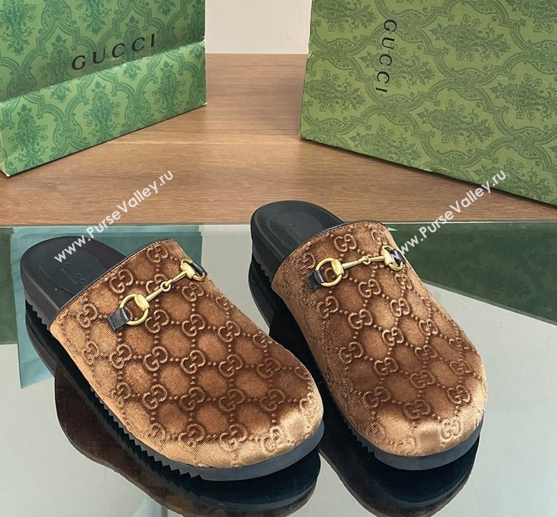 Gucci GG Velvet Mules with Horsebit Brown 2024 0127 (SS-240127079)