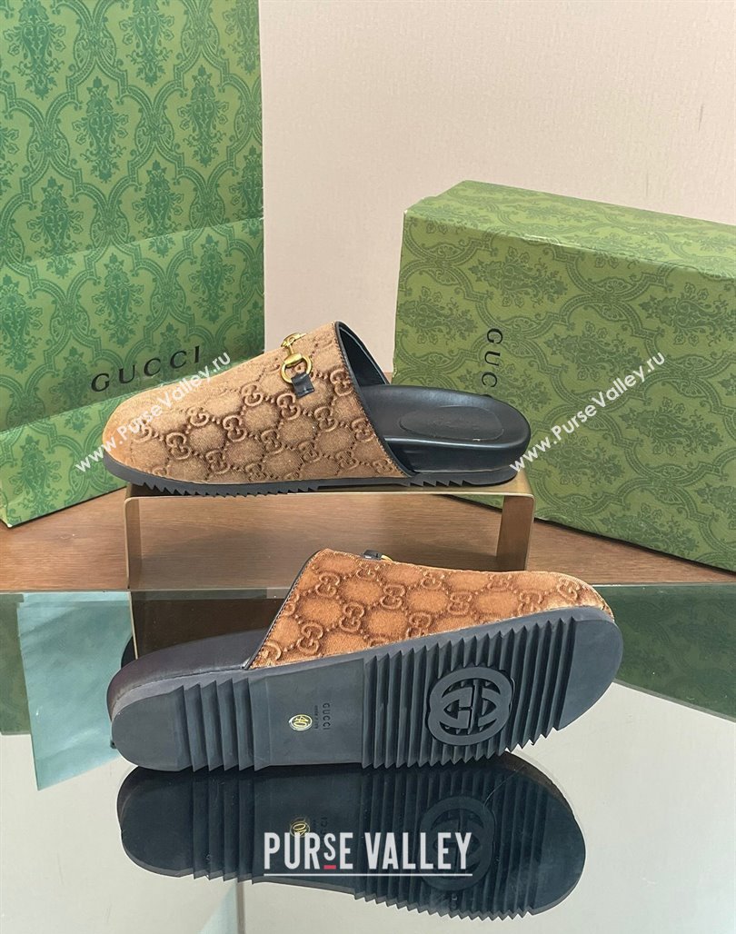 Gucci GG Velvet Mules with Horsebit Brown 2024 0127 (SS-240127079)