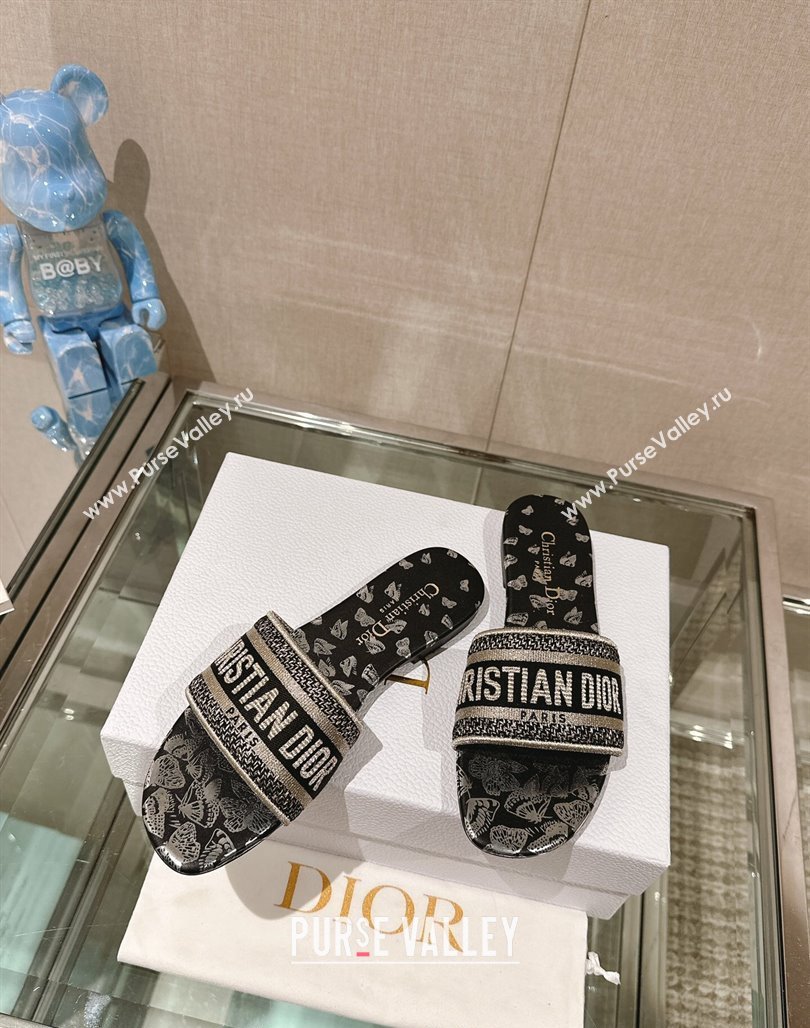 Dior Dway Flat Slide Sandals in Black and Gold-Tone Butterfly Zodiac Embroidery 2024 0126 (MD-240126013)