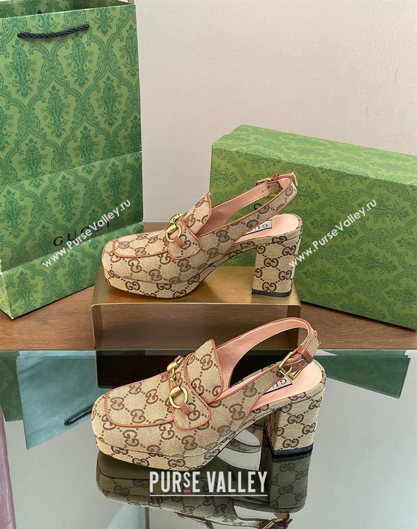 Gucci GG Canvas Horsebit Slingback Pumps 8.5cm 771566 Beige 2024 (MD-240127081)