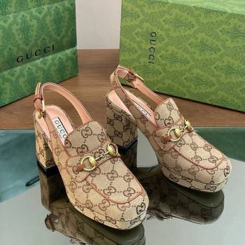 Gucci GG Canvas Horsebit Slingback Pumps 8.5cm 771566 Beige 2024 (MD-240127081)