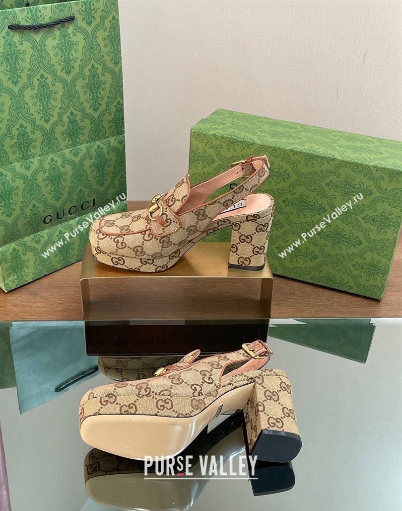 Gucci GG Canvas Horsebit Slingback Pumps 8.5cm 771566 Beige 2024 (MD-240127081)