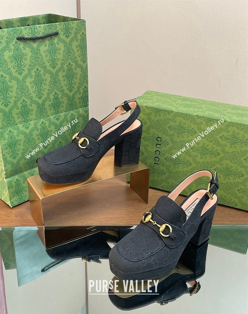 Gucci GG Canvas Horsebit Slingback Pumps 8.5cm 771566 Black 2024 (MD-240127082)