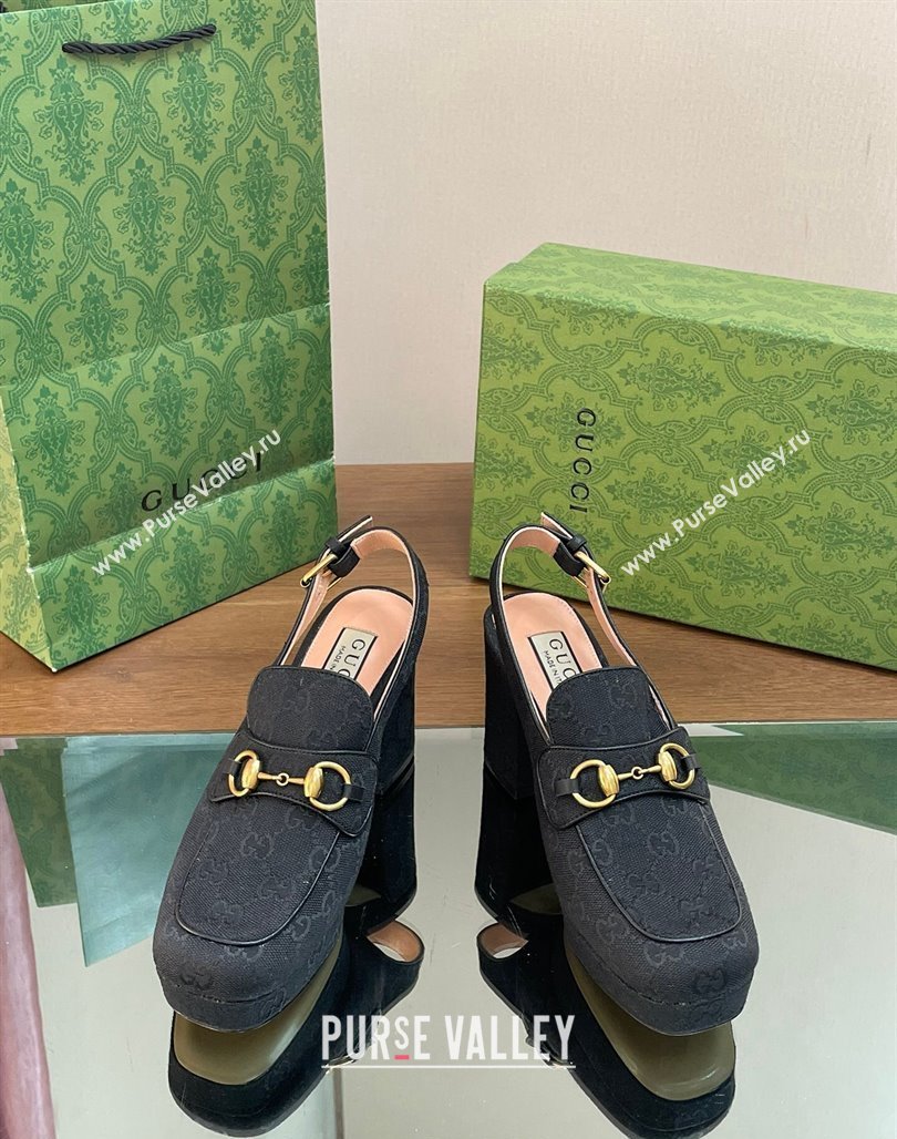 Gucci GG Canvas Horsebit Slingback Pumps 8.5cm 771566 Black 2024 (MD-240127082)