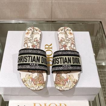 Dior Dway Flat Slide Sandals in Gold-Tone Embroidered Cotton with Toile de Jouy Mexico Motif 2024 0126 (MD-240126014)