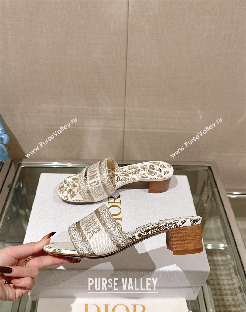 Dior Dway Heel Slide Sandals 3.5cm White and Gold-Tone Butterfly Zodiac Embroidery 2024 0126 (MD-240126002)