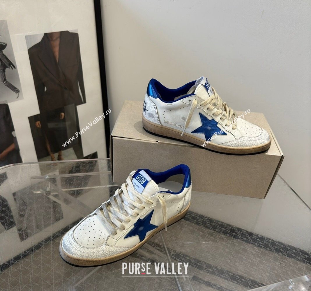 Golden Goose Women Ball Star Sneakers Wishes in white nappa leather with bright blue star and heel tab 2024 (13-240129003)