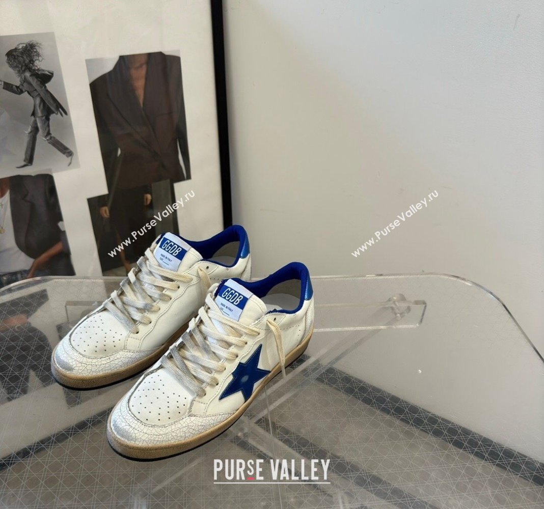 Golden Goose Women Ball Star Sneakers Wishes in white nappa leather with bright blue star and heel tab 2024 (13-240129003)