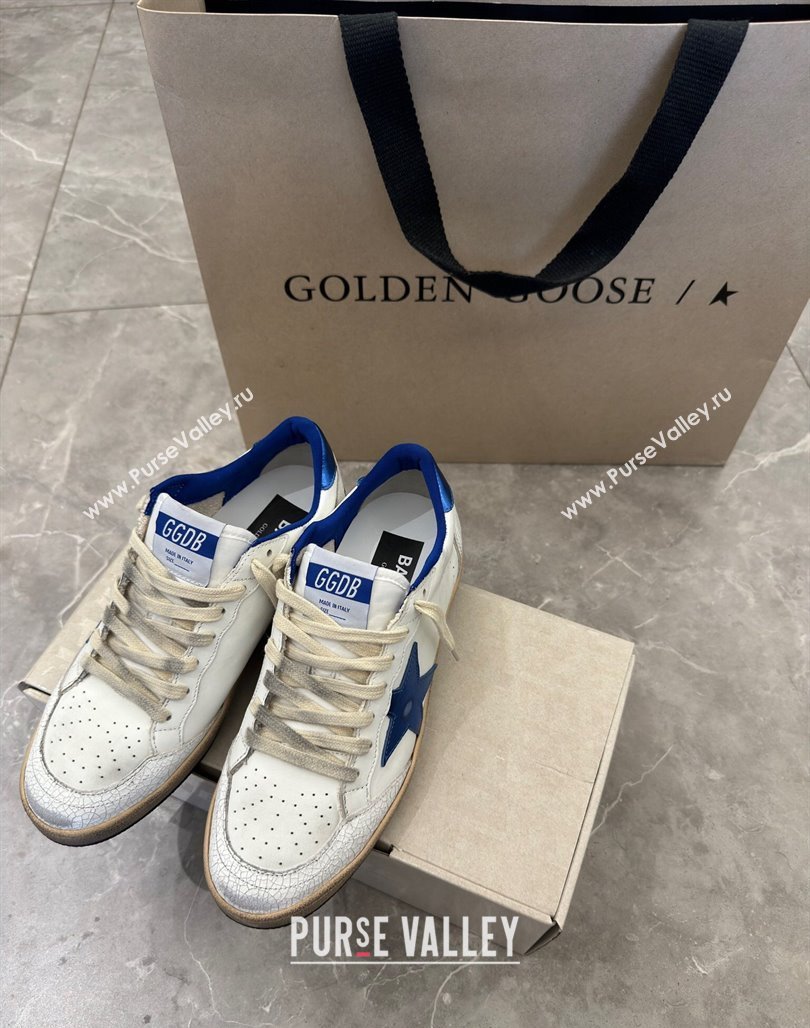 Golden Goose Women Ball Star Sneakers Wishes in white nappa leather with bright blue star and heel tab 2024 (13-240129003)