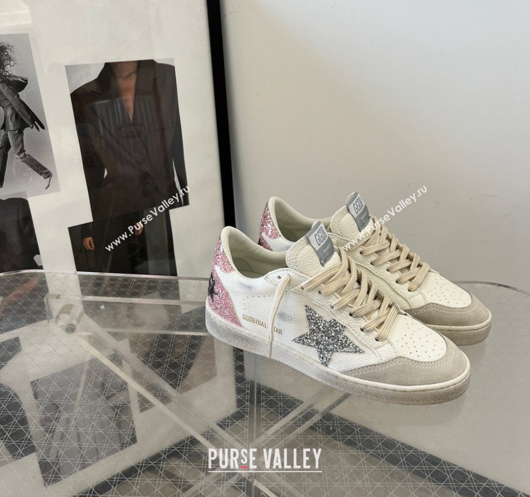 Golden Goose Ball Star Sneakers with silver glitter star and pink glitter heel tab 2024 (13-240129004)