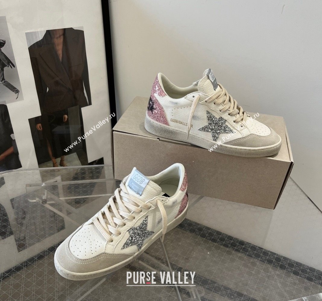 Golden Goose Ball Star Sneakers with silver glitter star and pink glitter heel tab 2024 (13-240129004)