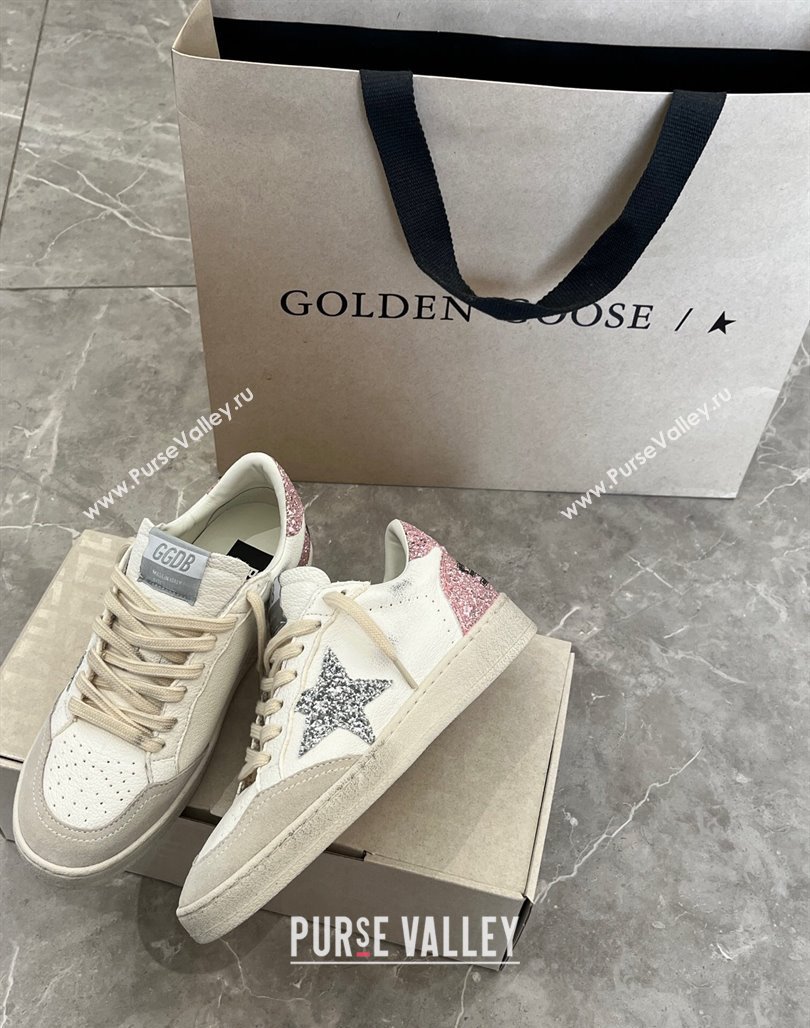 Golden Goose Ball Star Sneakers with silver glitter star and pink glitter heel tab 2024 (13-240129004)