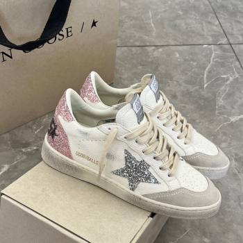 Golden Goose Ball Star Sneakers with silver glitter star and pink glitter heel tab 2024 (13-240129004)