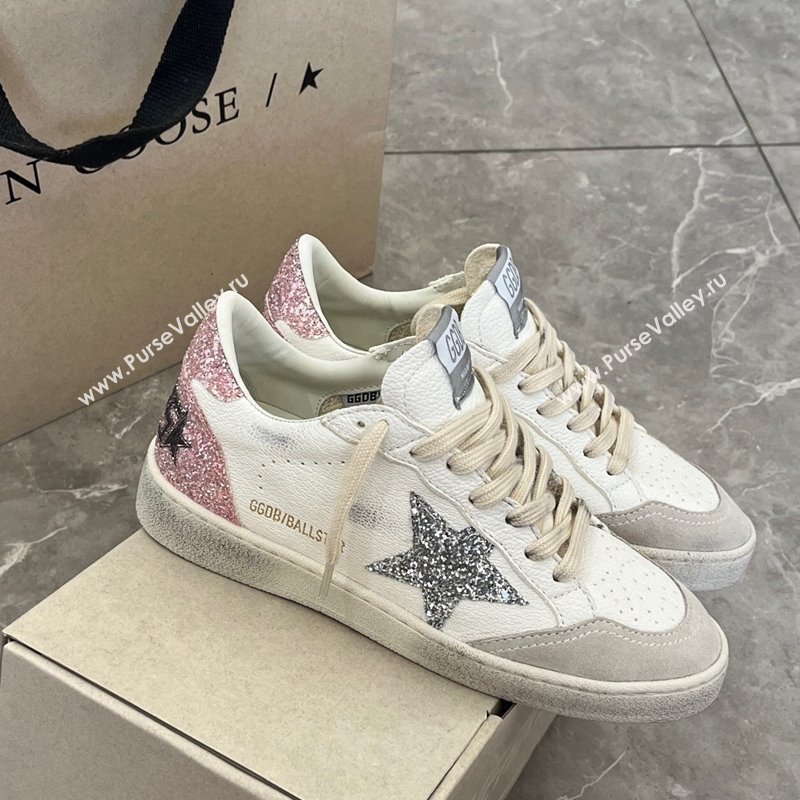 Golden Goose Ball Star Sneakers with silver glitter star and pink glitter heel tab 2024 (13-240129004)