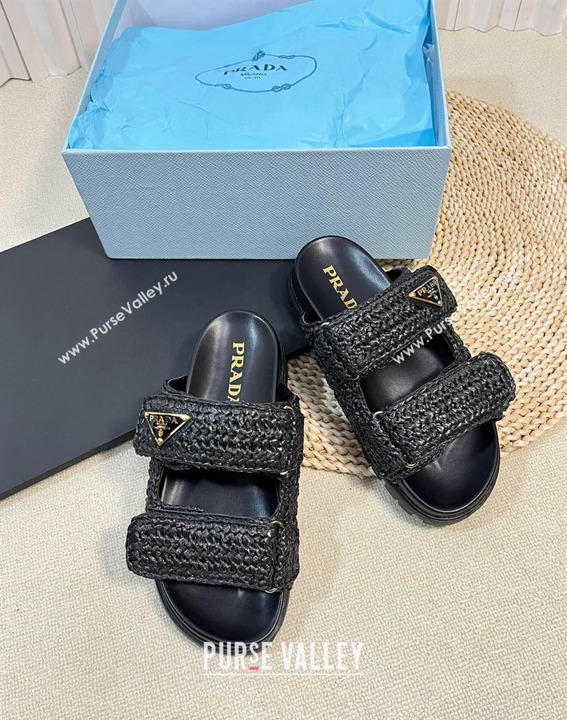 Prada Crochet Raffia Straw Flat Slide Sandals Black 2024 0129 (KL-240129044)