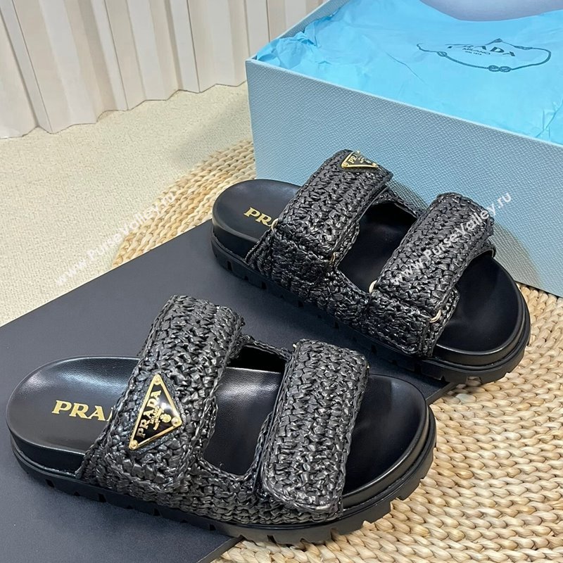 Prada Crochet Raffia Straw Flat Slide Sandals Black 2024 0129 (KL-240129044)