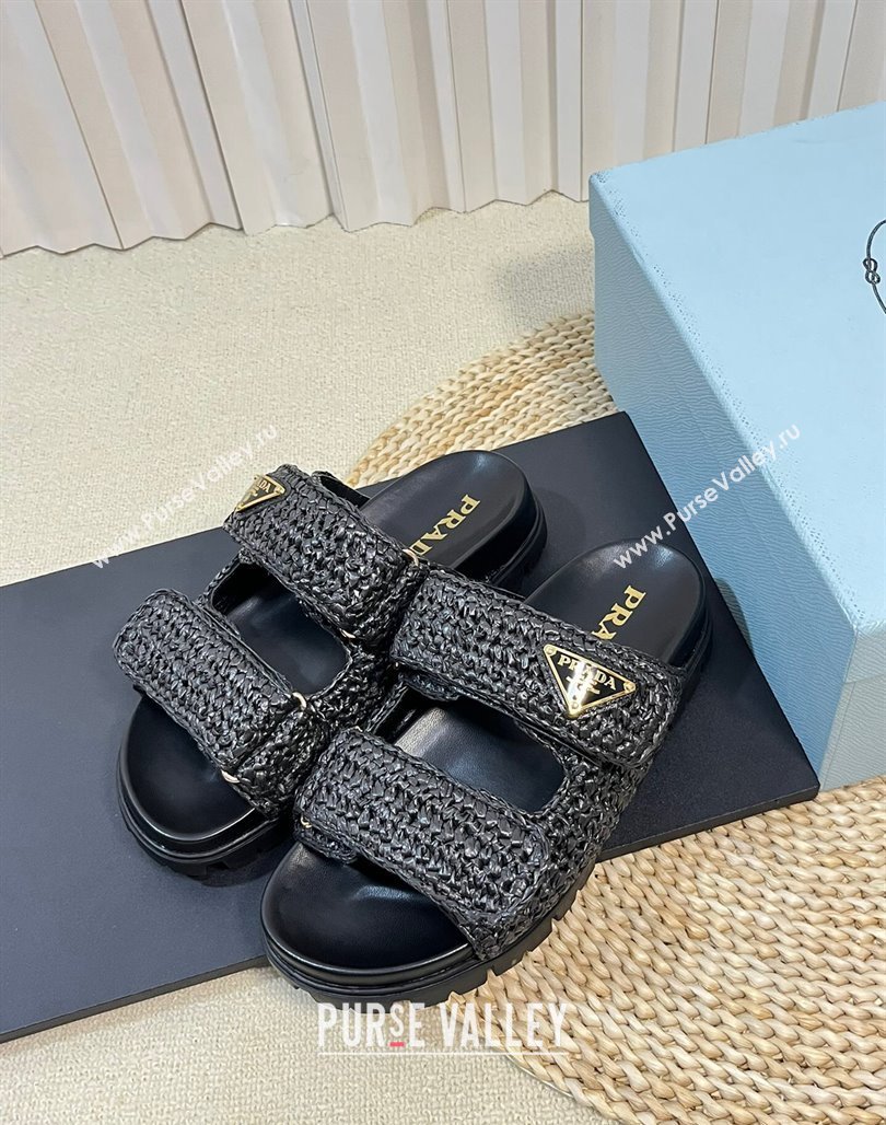 Prada Crochet Raffia Straw Flat Slide Sandals Black 2024 0129 (KL-240129044)