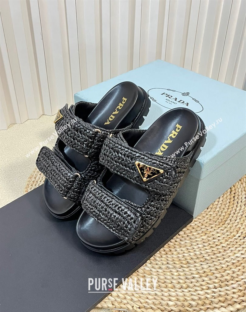 Prada Crochet Raffia Straw Flat Slide Sandals Black 2024 0129 (KL-240129044)