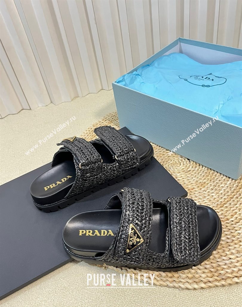 Prada Crochet Raffia Straw Flat Slide Sandals Black 2024 0129 (KL-240129044)