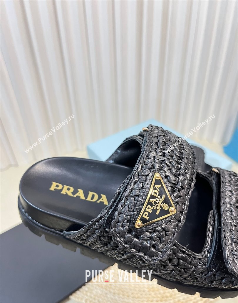 Prada Crochet Raffia Straw Flat Slide Sandals Black 2024 0129 (KL-240129044)