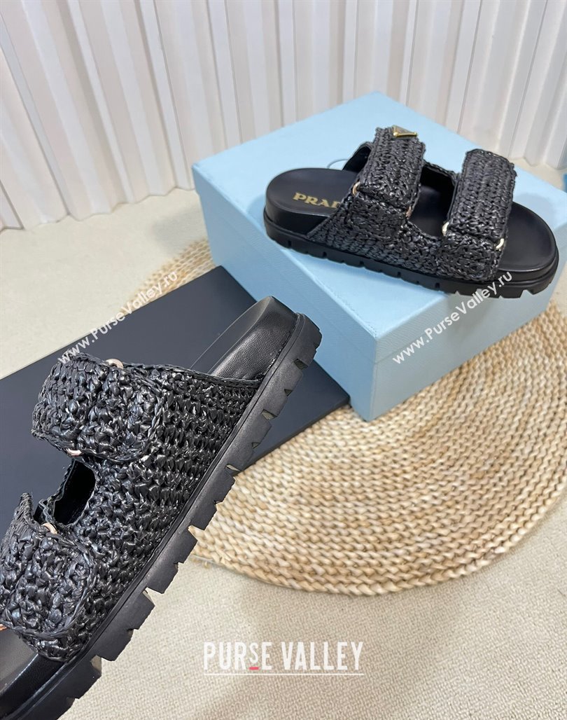 Prada Crochet Raffia Straw Flat Slide Sandals Black 2024 0129 (KL-240129044)