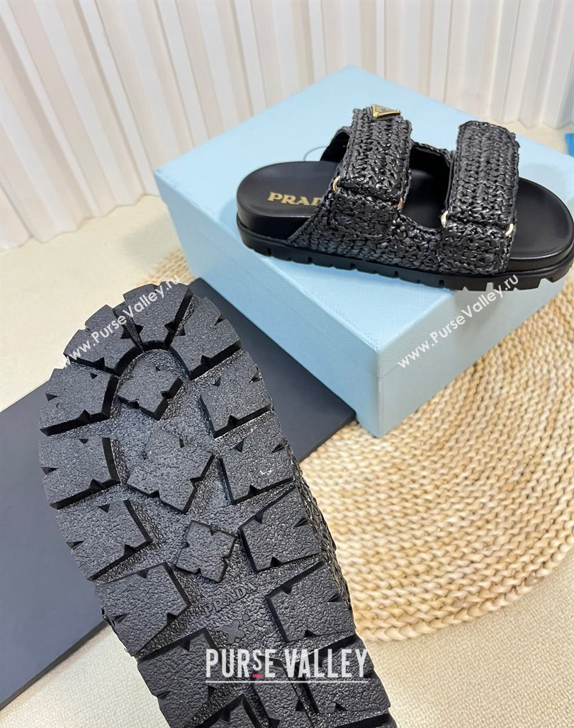 Prada Crochet Raffia Straw Flat Slide Sandals Black 2024 0129 (KL-240129044)