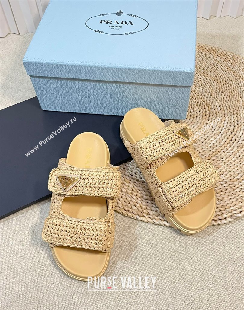 Prada Crochet Raffia Straw Flat Slide Sandals Beige 2024 0129 (KL-240129045)