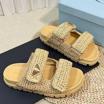 Prada Crochet Raffia Straw Flat Slide Sandals Beige 2024 0129 (KL-240129045)