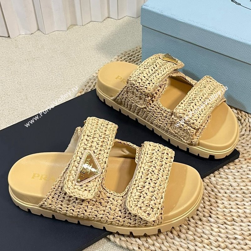 Prada Crochet Raffia Straw Flat Slide Sandals Beige 2024 0129 (KL-240129045)