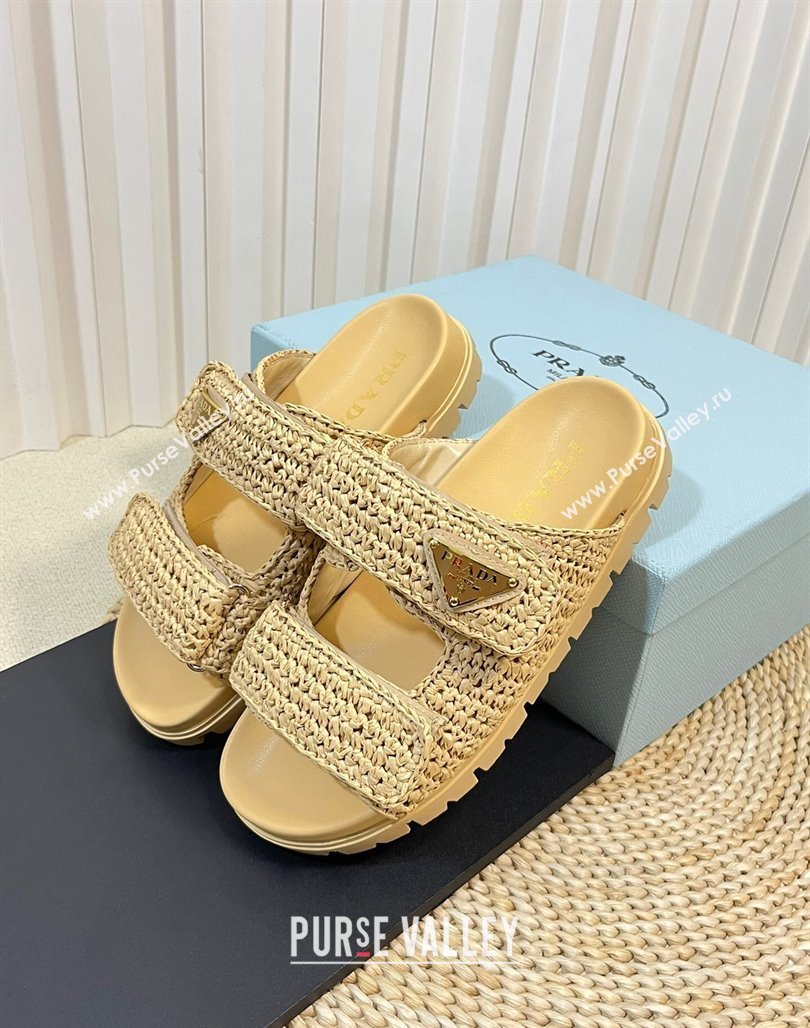 Prada Crochet Raffia Straw Flat Slide Sandals Beige 2024 0129 (KL-240129045)