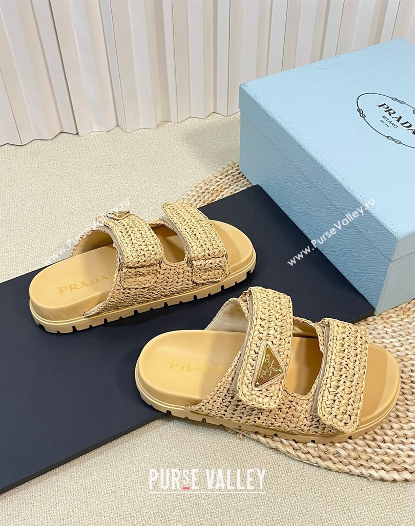 Prada Crochet Raffia Straw Flat Slide Sandals Beige 2024 0129 (KL-240129045)