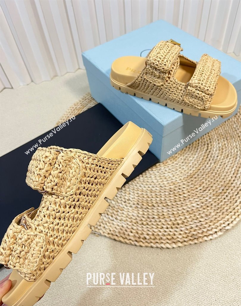 Prada Crochet Raffia Straw Flat Slide Sandals Beige 2024 0129 (KL-240129045)