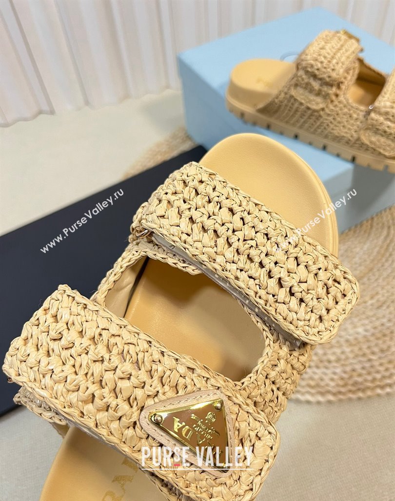 Prada Crochet Raffia Straw Flat Slide Sandals Beige 2024 0129 (KL-240129045)