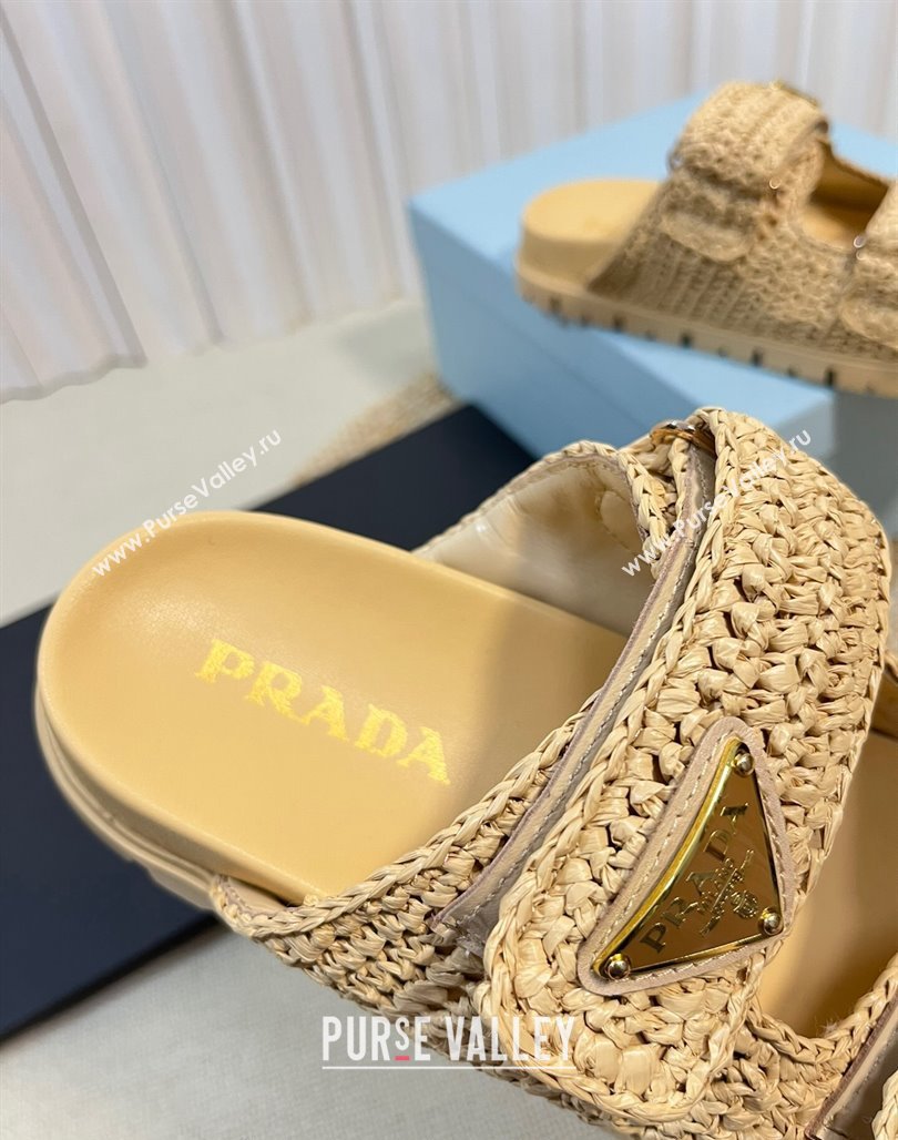 Prada Crochet Raffia Straw Flat Slide Sandals Beige 2024 0129 (KL-240129045)