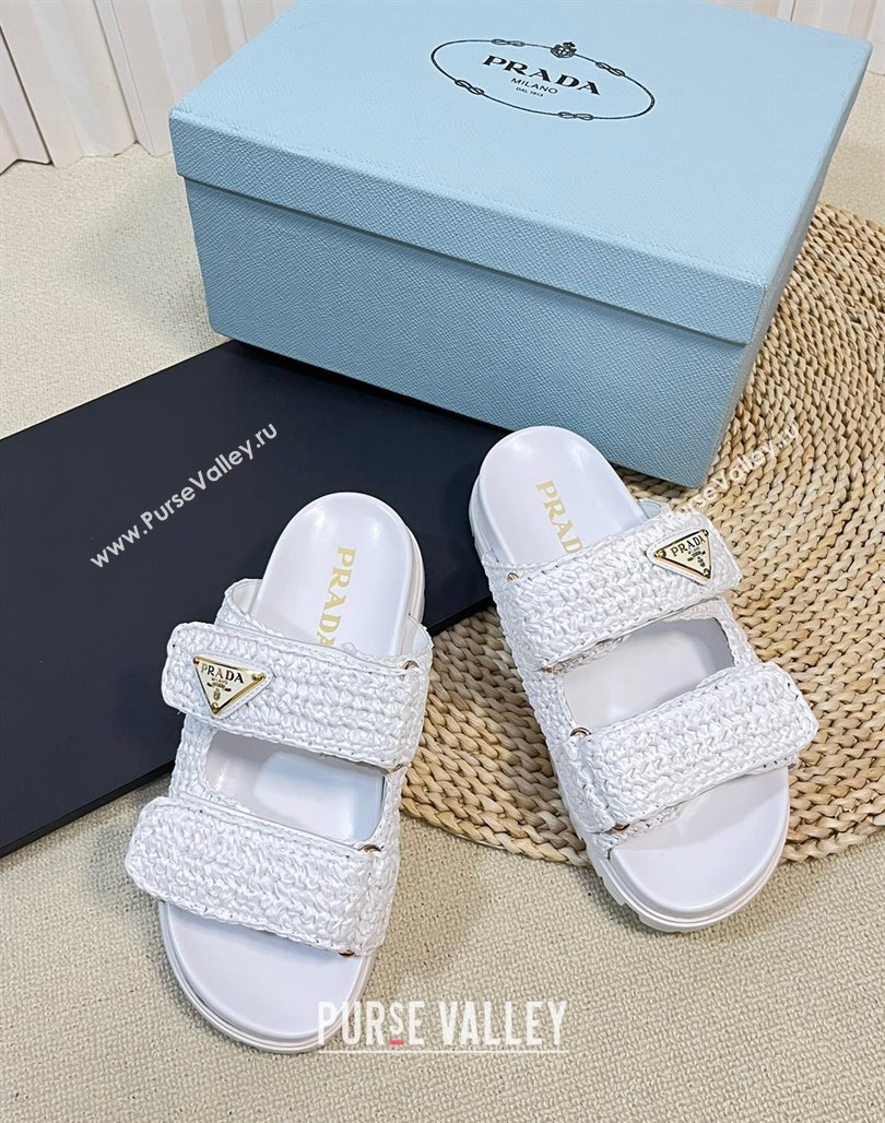 Prada Crochet Raffia Straw Flat Slide Sandals White 2024 0129 (KL-240129046)