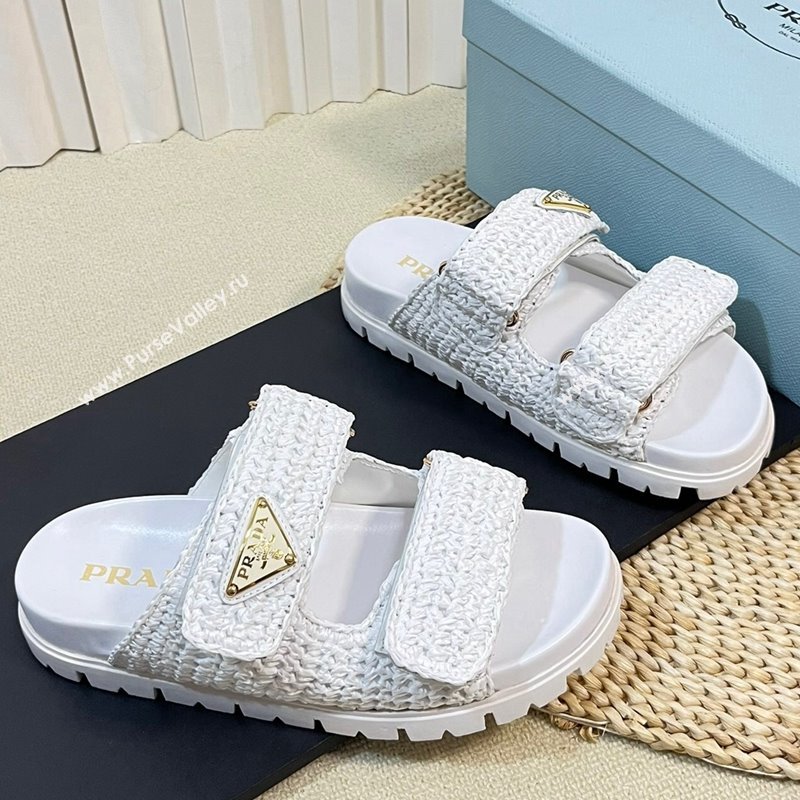 Prada Crochet Raffia Straw Flat Slide Sandals White 2024 0129 (KL-240129046)