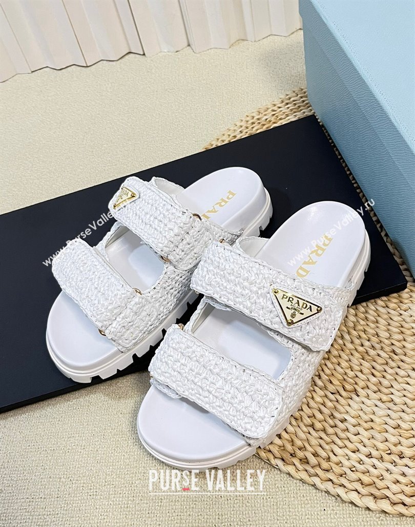 Prada Crochet Raffia Straw Flat Slide Sandals White 2024 0129 (KL-240129046)