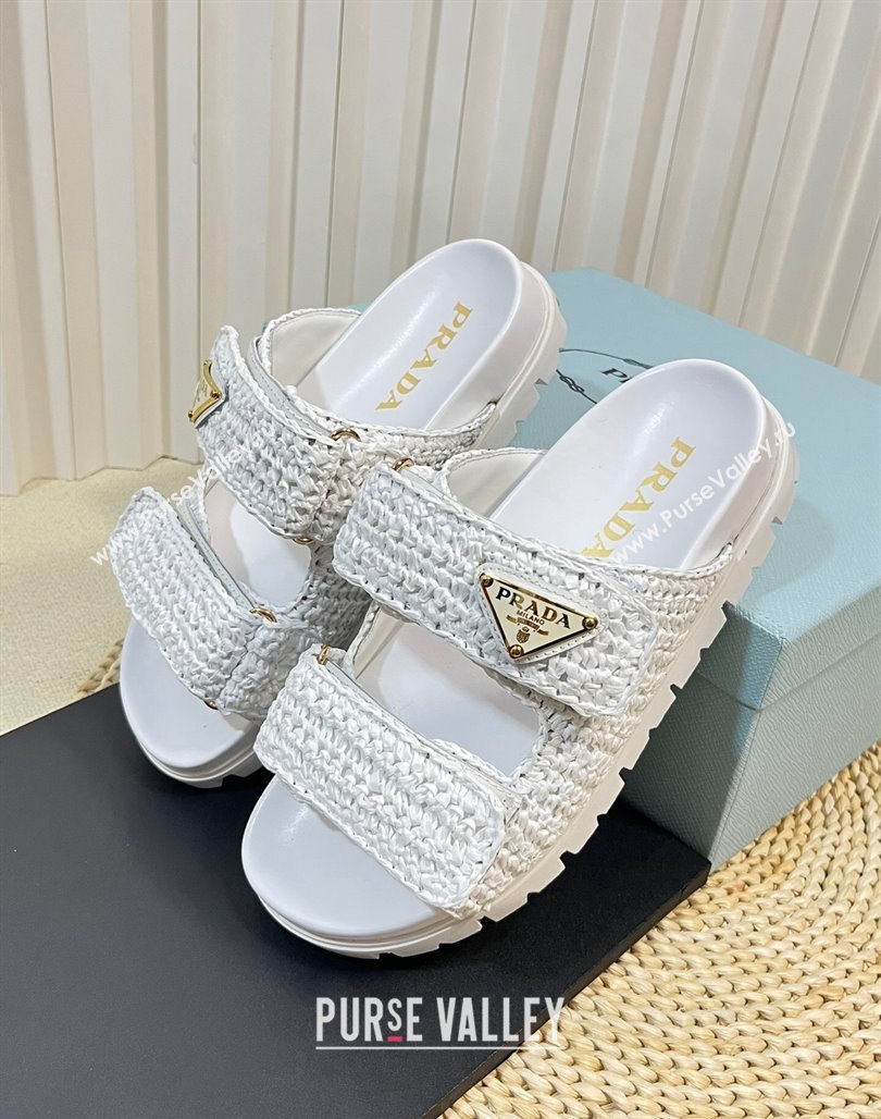 Prada Crochet Raffia Straw Flat Slide Sandals White 2024 0129 (KL-240129046)