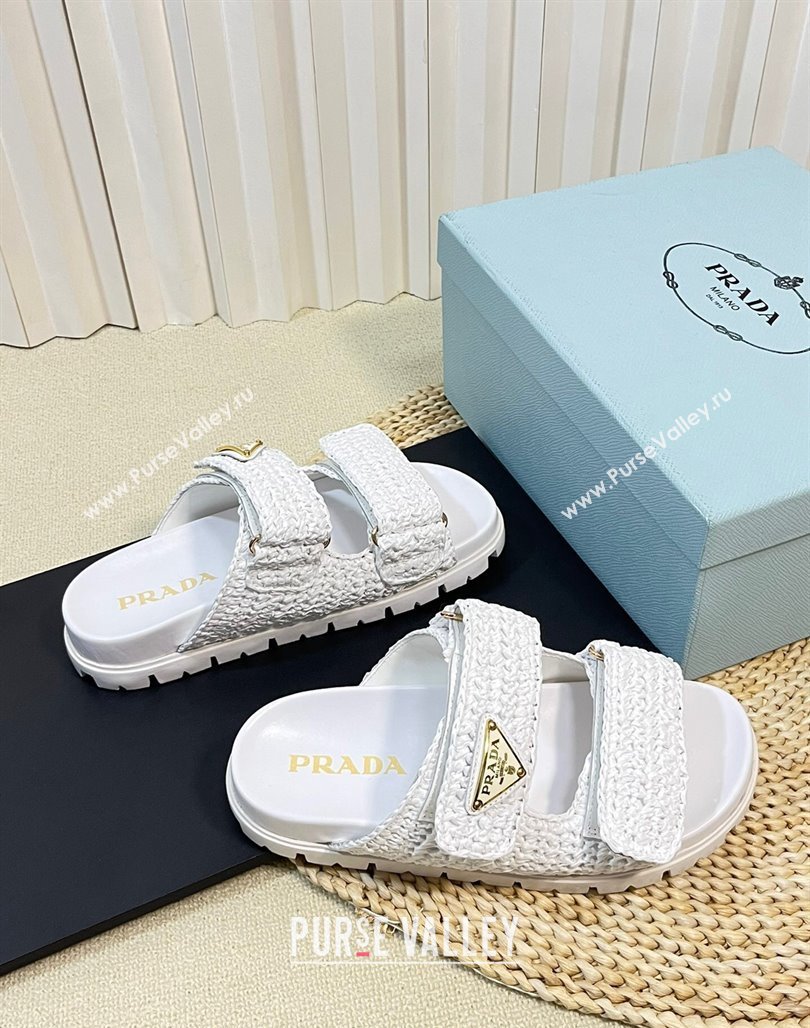 Prada Crochet Raffia Straw Flat Slide Sandals White 2024 0129 (KL-240129046)