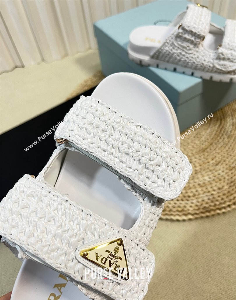 Prada Crochet Raffia Straw Flat Slide Sandals White 2024 0129 (KL-240129046)